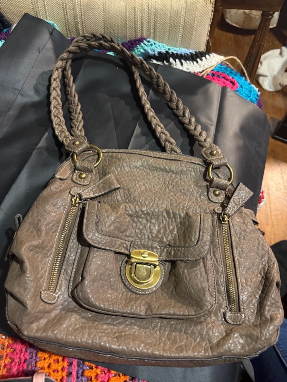 Braided-Handle Brown Leather Tote Handbag with Front Flap